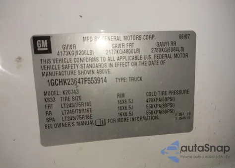 2007 Chevrolet Silverado K2500 Heavy Duty z USA, uszkodzony, nr VIN 1GCHK23647F553914